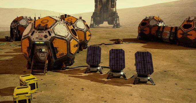 Research modules are set on the Martian terrain, equipped with solar panels for energy. A spacecraft is nearby, supporting future explorations on the red planet during daylight.