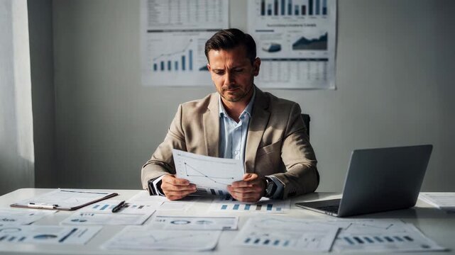 Financial expert analyzing growth strategies for quickservice restaurant chains main subject in clear focus while charts and papers softly out of focus.