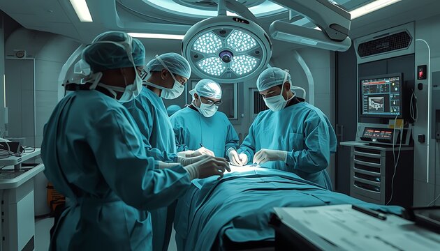 A team of surgeons in blue scrubs performing surgery in a modern operating room