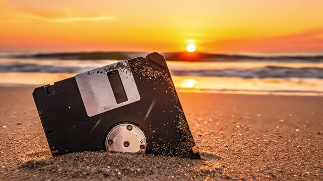 Old floppy disk partially buried in beach sand at sunset symbolizing obsolete technology and e-waste