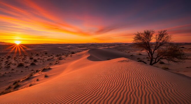 A serene desert landscape at sunset with a tree and sand dunes