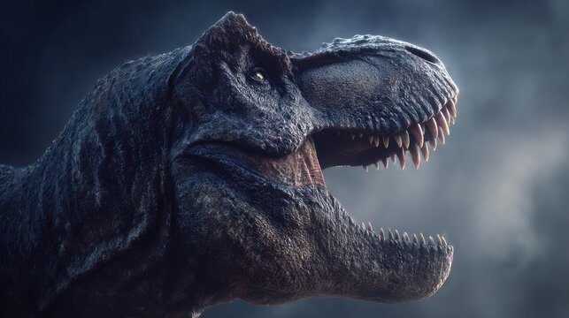 Close-up of a dramatic roaring dinosaur with sharp teeth