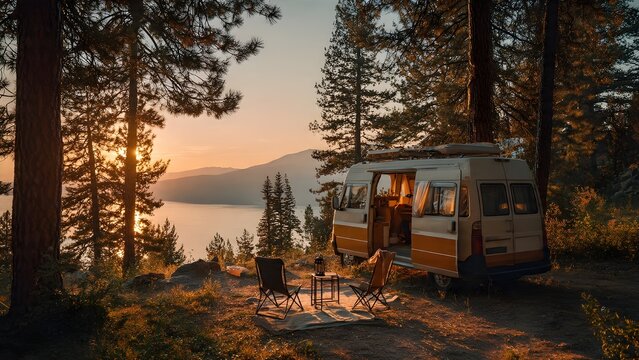 Camper van parked by forest lake during sunset with warm lights, showcasing van life road trip adventure and freedom lifestyle