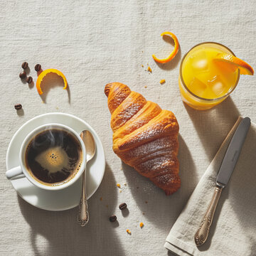 Fresh croissant with black coffee and orange juice on linen tablecloth for breakfast