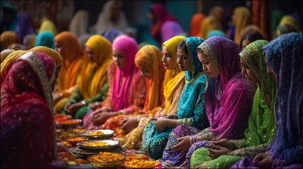 Obraz premium Devotional Gathering: Women in Colorful Sarees