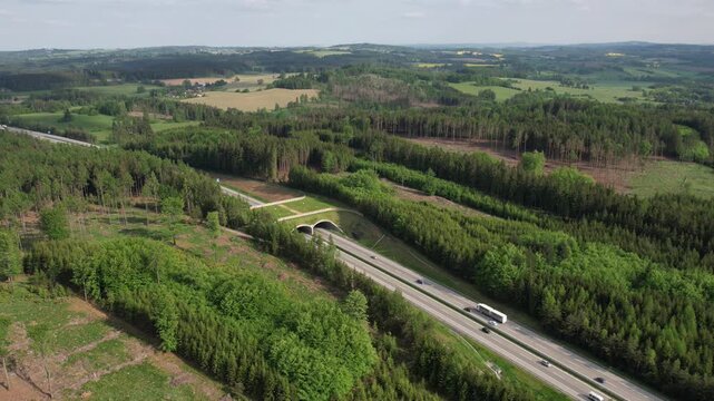 A wildlife bridge Ecoduct biocoridor for wildlife is an overpass that allows animals to cross a road EKODUKT construction aerial panorama view