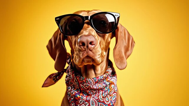 Funny Hungarian Vizsla dog wearing sunglasses and a colorful bandana panting against a bright yellow background