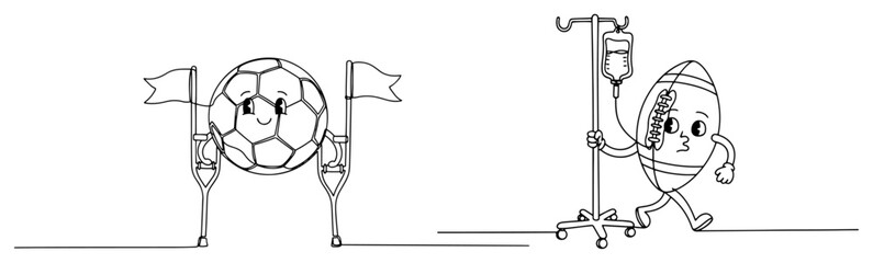 Obraz premium Continuous line art of an injured soccer ball on crutches and a rugby ball with an IV stand