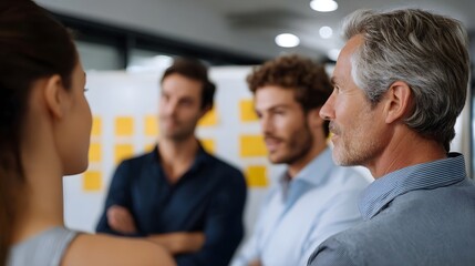 Obraz premium Three diverse professionals engaged in a focused discussion during a modern corporate meeting regarding strategy and development