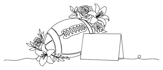 Minimalist continuous line drawing of an American football with flowers and a greeting card © InsomniaVideo
