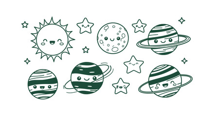 Hand Drawn Kawaii Space Elements Vector Set with Cute Smiling Sun Moon Stars and Planets Line Art © vectorial