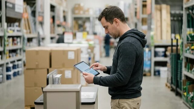 Medium shot of a customer navigating pointofsale financing options on a tablet during home renovation purchases with outoffocus product displays in the back.