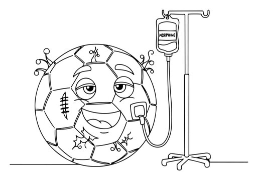 Continuous line drawing of a soccer ball character connected to a morphine IV drip for pain relief