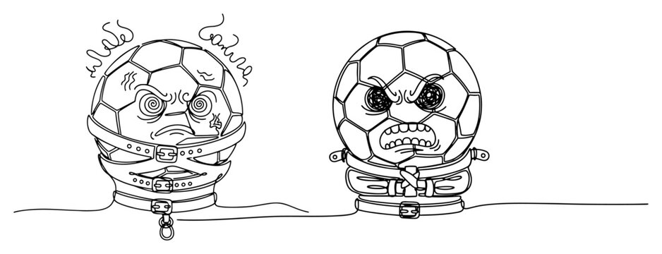One line art of crazy soccer ball characters held in straitjackets and restraints