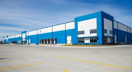 Obraz premium Modern blue industrial warehouse building with clear sky exterior commercial architecture