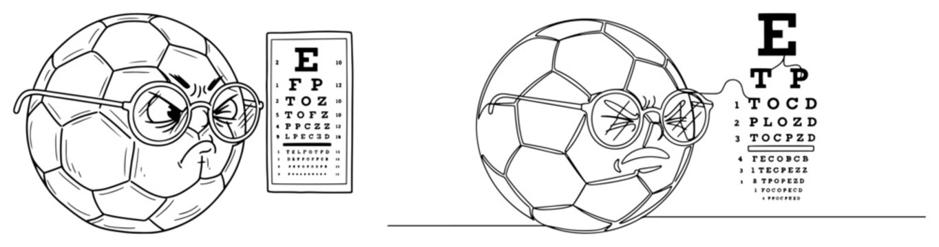Soccer ball characters wearing glasses for an eye exam at the ophthalmologist office