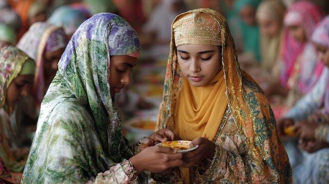 Sharing a meal, a moment of connection in traditional attire.