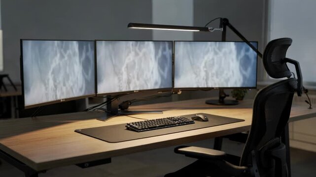 Ergonomic multiscreen trading setup on a large desk captured in medium shot showing focused monitors with blurred office surroundings emphasizing adjustable task lighting and chair