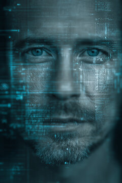 Portrait of man face, AI deepfake recognition technology with facial distortion effect, algoritma and data code background, AI and human collaboration concept
