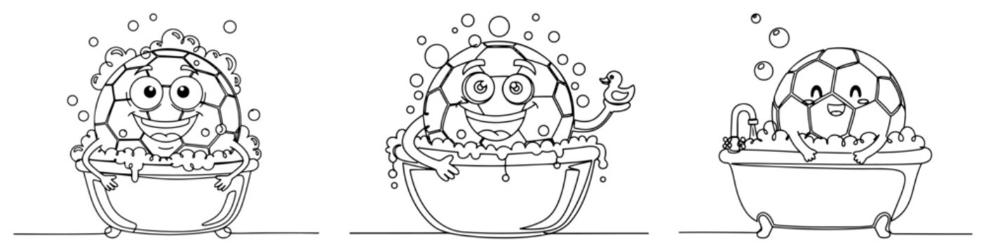 Cartoon soccer ball character enjoying a bubble bath in a tub in continuous line style