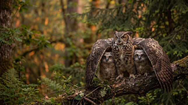 Great horned owl protecting owlets under wings on branch in forest copy space