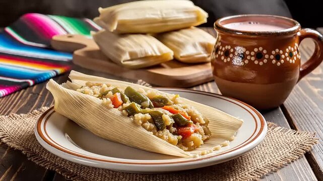 Hand unwrapping prepared corn husk wrapped savory food item beside steaming beverage