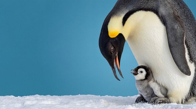 Emperor penguin bending over talking chick on snow with blue background copy space