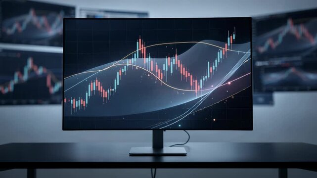 Medium shot of a computer screen showcasing a quantuminspired riskreturn frontier graph with blurred financial charts in the background.
