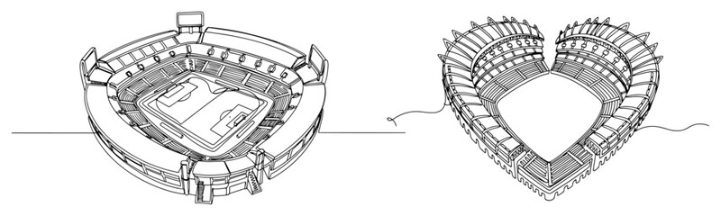 Set of line art drawings featuring a professional sports stadium and a heart shaped arena © InsomniaVideo