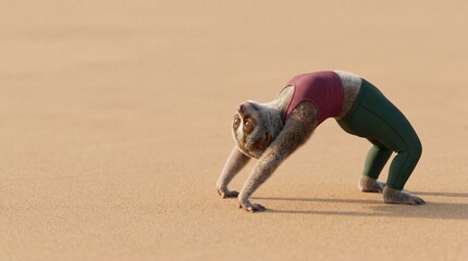 Obraz premium Sloth in yoga clothes doing bridge pose on sand with copy space