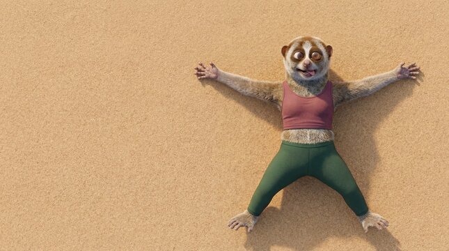 Exhausted slow loris in yoga clothes lying on sand with copy space
