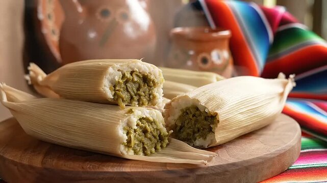 Steamed corn dough pockets filled with savory green mixture served on wood