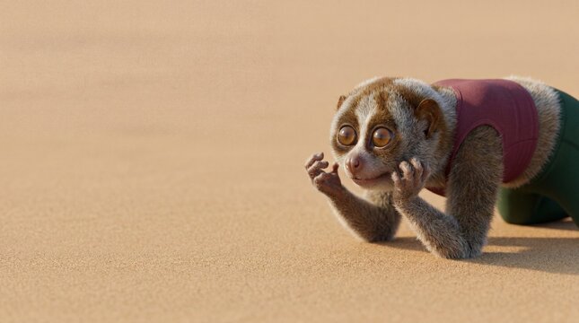 Scared slow loris in yoga clothes hiding face on sand with copy space