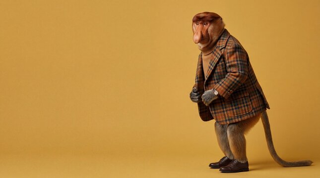 Stylish proboscis monkey in plaid suit standing on yellow background copy space
