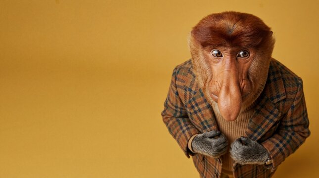 Funny proboscis monkey wearing suit looking up at camera on yellow background