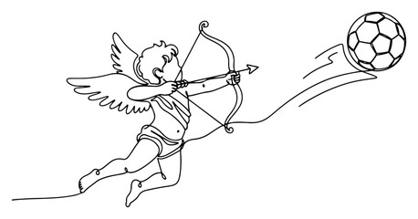 Obraz premium Continuous line drawing of cupid aiming at a soccer ball flying through the air