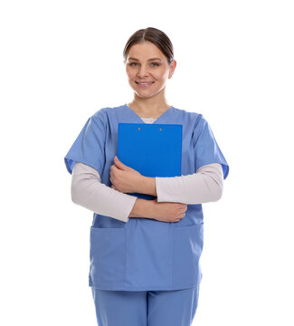Portrait of smiling medical worker in blue uniform with clipboard on white background