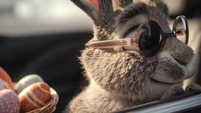 Cool Easter Rabbit Wearing Sunglasses in a Car with Easter Eggs