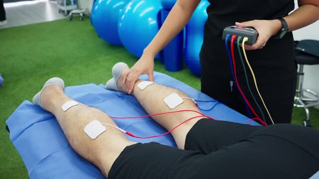 Physical therapist using electrical stimulation on patient's legs