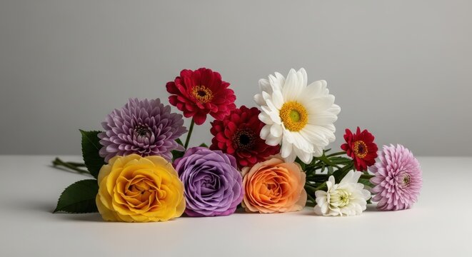 Vibrant bouquet of assorted colorful flowers on white surface