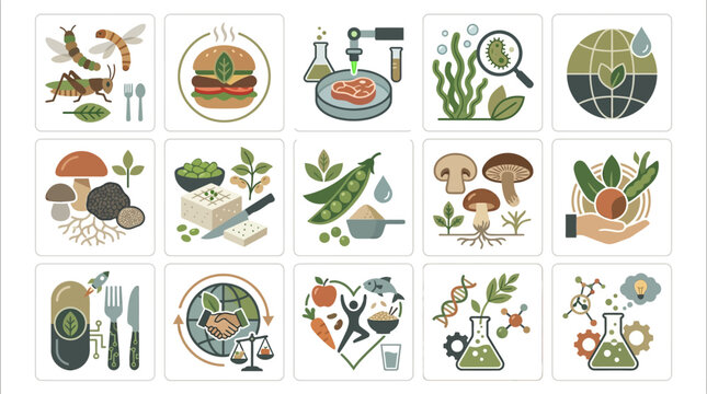 Vector Icons Sustainable Food Future Collection Featuring Insects Mushrooms Algae and Lab Grown Protein.