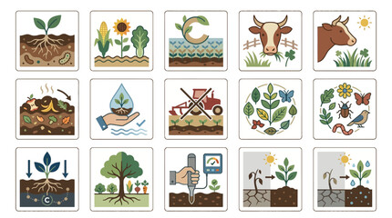 Fototapeta premium Vector Icons Set of agriculture and regenerative farming infographic icons.