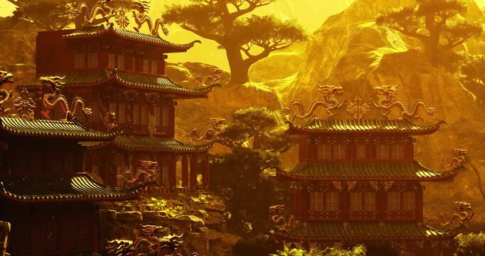 Ancient Chinese structures rise majestically against a golden sky, framed by dense greenery and vibrant flora, exuding an aura of tranquility and historical significance.