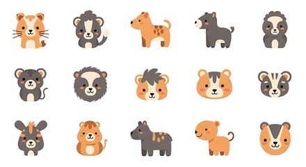 Obraz premium Adorable Cartoon Animal Illustrations of Various Cute Creatures and Pets