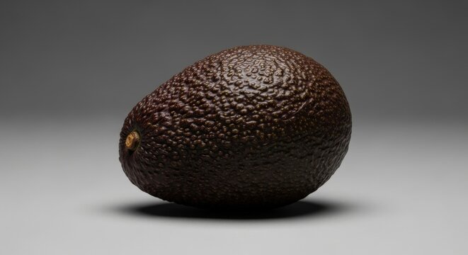 A ripe dark brown avocado with a bumpy skin on a gray background