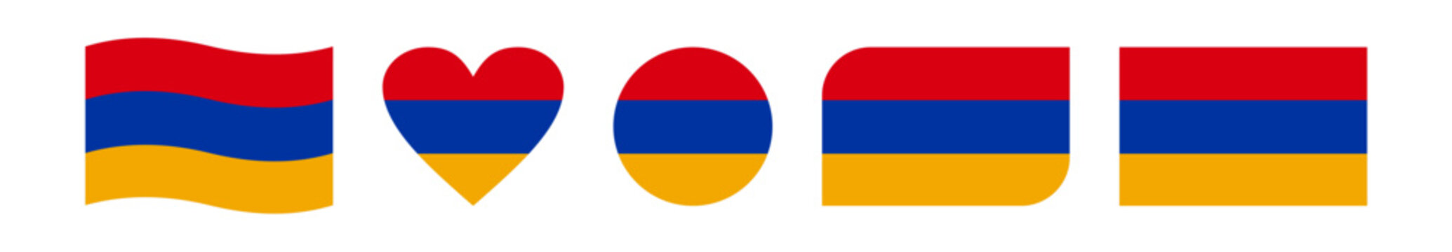 Set of five creative Armenia flag vector designs featuring wavy, circular, heart-shaped, rounded-corner, and rectangular styles, symbolizing national pride and patriotic celebration