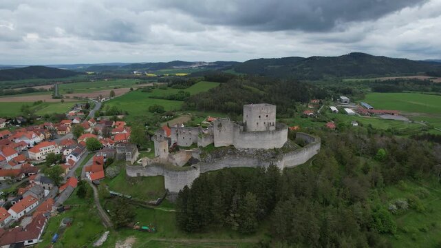Rabi castle captured as aerial panorama historic medieval fortress landmark in Czech Republic countryside