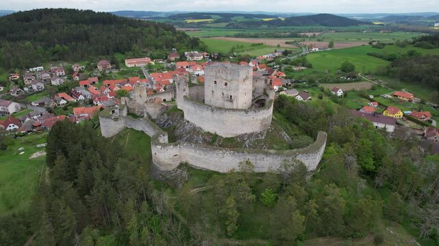 Rabi castle captured as aerial panorama historic medieval fortress landmark in Czech Republic countryside