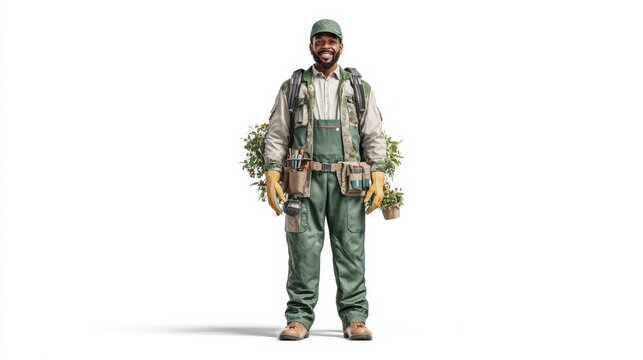 Gardener standing upright, wearing professional garden work clothes, white background, realistic photography