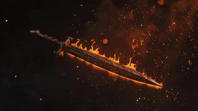 Cinematic Flaming Sword with Glowing Embers on Dark Background